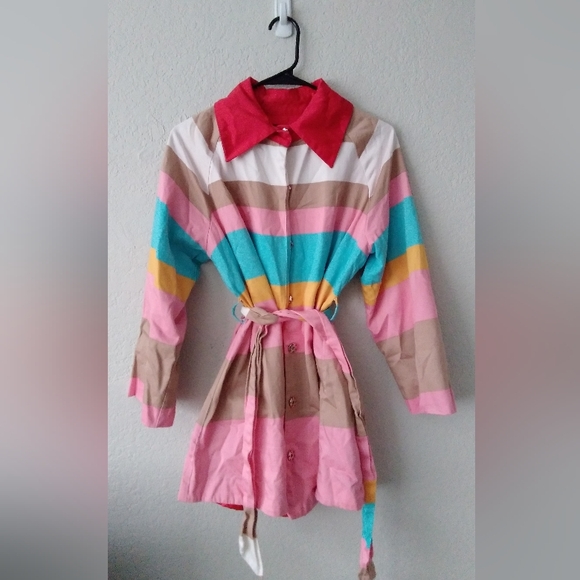 Vintage short trench coat multi stripe rainbow Giancarlo Ferrari collar lined lg - Picture 3 of 9